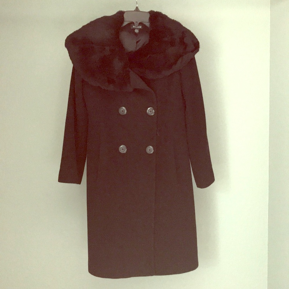 Bebe Black Coat Knee Length w/ Pockets & Faux Fur